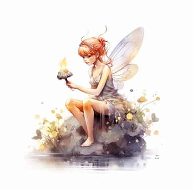 Fantasy Style Animated style tiny fairy sitting on little flower with watercolor effect,many twinkles,suitable for digital clipart,white background,Mythologic Scene,Ancient rome fashion,cartoon style,soft colours