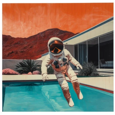 a painting of an astronaut jumping into a swimming pool, a pop art painting, inspired by Hannah Höch, featured on tumblr, landscape with red mountains, clipart, inherent vice, artsation contest winner, connectedness, man with a gun, hyperreal phantastic, zine, featured in artistation, mix ,8K,