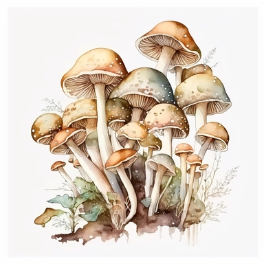 watercolor, a bunch of thin loong mashrooms in pastel beige color, a lot of details, good quality illustration, clipart, white background