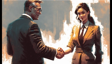 a couple shaking hands for comical effect as businessman hands woman clip art, in the style of craig mullins, graphic novel style, aaron jasinski, portrait, michael malm, lit person, realistic portrait