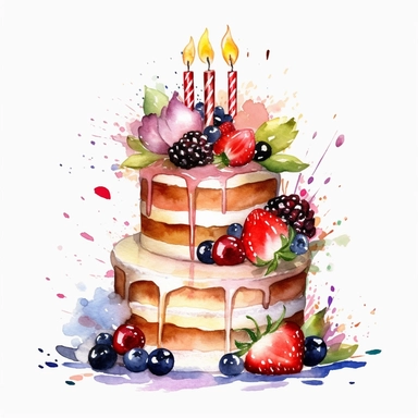 Watercolor happy birthday cake Clipart, white background, 8k