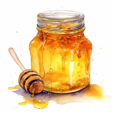 one jar of honey Watercolor clipart on a white background, in the style of texture-rich compositions, pictorial fabrics, bordalo ii, mandy disher, white background, anna dittmann, multi-panel compositions , no watermark, text, words, paintbrush, typography, the images do not stick together