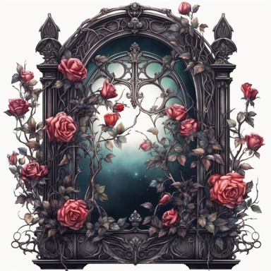Gothic window with perfect roses and vines Clipart - Dark fantasy Watercolor skizze, baroque era, close up, white background, watercolor, hyperrealism, high detail, isolated elements