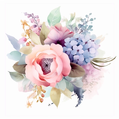 watercolor floral clipart free, filled with hydrangea, carnations and roses, in the style of realistic usage of light and color, in the style of soft pastel watercolors, harmonious composition, soft pastel colors, mauve, pink, and baby blues, soft focus romanticism, decorative paintings, large canvas sizes, colorful patchwork, eye-catching composition, dense composition, high resolution