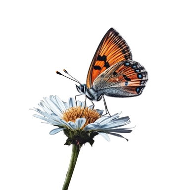 Small Copper butterfly side view on a single flower, side view, Watercolor clip art, high quality image, soft pastel, cinematic, dramatic, ultra realism, 4k, very detailed