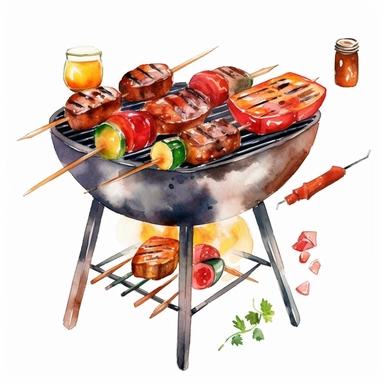 Watercolor BBQ Clipart - Barbeque grill kebab clipart , Watercolor Clipart , original hand drawing, style of the artwork, mood of the artwork, white background, 8K quality, ultra detailed , clipart, white background, High Quality, ultra detailed