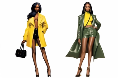 Naomi Campbell fashion Nova cartoon, clipart Contemporary black art version clipart of two happy ultra beautiful African American business women Black girl magic African American boss lady Teal and yellow Louis Vuitton Rhinestone Ribbed Knit Dress and leather pumps standing while shaking anatomically correct hands after selling a large luxury house, both wearing expensive suits and leather shoes out doors, well lit, white background, taken with Canon