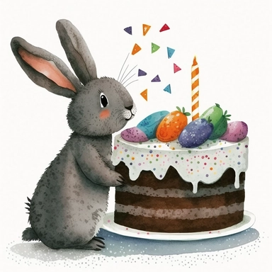 clipart, beautiful smiling,excited little gray bunny,with birthday cake, Usborne and Eric Carle,