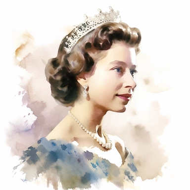 A youthful portrait of Queen Elizabeth II in her early reign years, showcasing her iconic style and grace, Clipart, watercolor, white background, intricate detail.