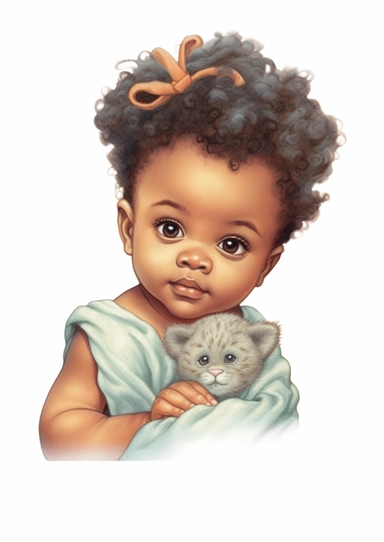 a cute retro vintage African infant baby girl with a kitten . Color pencil sketch, soft baby colors, on a white background for clipart.