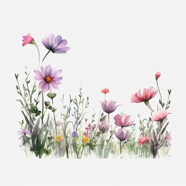realistic spring wildflowers border, clean watercolor flowers clipart , for free vector illustration, delicate and elegant style, transparent background