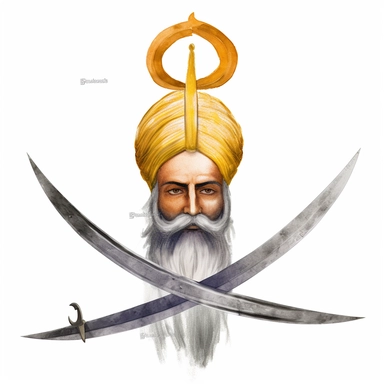 a clipart of a ultra detailed watercolor Guru Nanak with the The Khanda as background, v4 ar 2:3