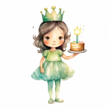 watercolor little princess clipart, green tone colors, big eyes, smiling, lovely, adorable, wearing crown, holding a piece of brithday cake, full body, on white background