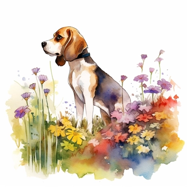 Curious Beagle exploring a colorful flower garden, white background, watercolor clipart