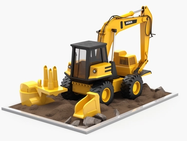 3d render construction clip art for kids , escavator, backhoe digger, bulldozer, caterpillar, white background,