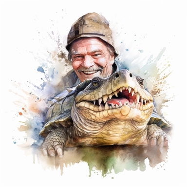 Adorable pet Alligator Snapping Turtle having happy moment with it's human owner, water color style, clipart, white background