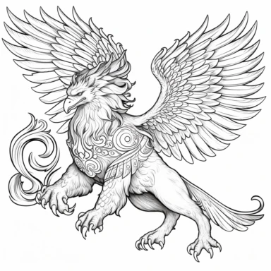 Coloring book, white background, black and white, clip art. Griffith.The Griffin is a mythical creature known as a half-eagle, half-lion in various cultures. Clouds and stars.--ar 3:4