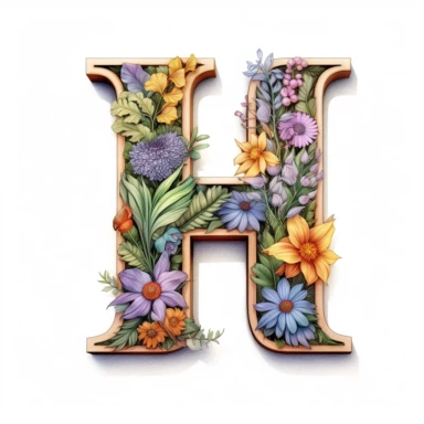 Detailed drawing in colored pencil style of letter H on white background, floral elements, pastel color palette, isolated white background, clipart, uhd