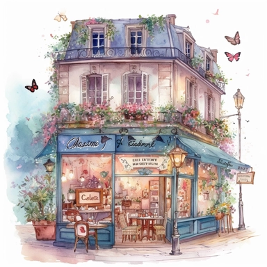 commercial illumination of watercolor clipart of magical cute realistic french cafe small and vivid pastel colors,ultra realisitc with flowers and butterflies, starry night, high quality watercolor style clipart, intricate design, clipart witchcore dreamcore cottagecore white background no text, isolated on white, ghibli style, award winning