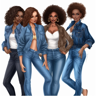 all women wearing blue jean jackets with white tee shirts in clipart style stunning beautiful black african american women with smooth brown skin Full body, four fat African - American women with brown skin,royal blue jeans and blue jean jackets white tee shirt and white, highly detailed, very attractive, glamorous, make up beautiful, gorgeous, glowing, happy, smiling in clipart style award winning photography 8k polished and focused photography detailed intricate unreal engine 5 bright top ligh