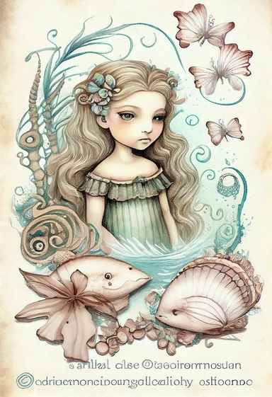 WHIMSICAL FANTASY Magical OCEANIA SCENE with sea shells and butterflies and a CUTE GIRL MERMAID by [Rebecca Latham + Sarah Stribbling + sumi-e + nicoletta ceccoli], epic scene, soft watercolor vintage, illustration, hyper realistic, intricate detail clipart, watercolor, painterly, Jean-Baptiste Monge, drawing on top of old grunge beautiful scrapbooking background paper, old paper texture, decoupage printable digital background, distressed borders, vintage borders, grunge borders, shabby borders