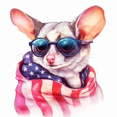 Sugar glider is sitting, wears American flag scarf and sunglasses, closeups shot, low angle, watercolor style, hyper-realistic animal illustrations, 2d game art, quadratura, clipart, on white background,