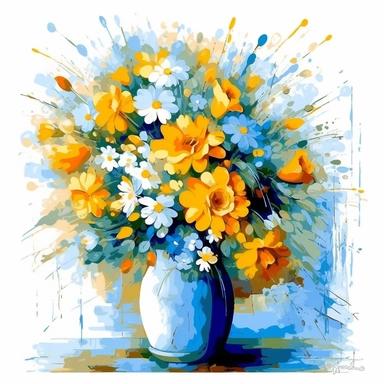 bouquet of flowers, blue, yellow, vector art, in the style of monet, clipart, white background, rounded corners