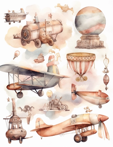 watercolor vintage cute aviation dreamy pastel clipart for children