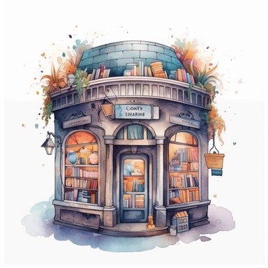 Bookstore,cute bookstor,muted colors,clipart on a white background, an illustration of by Annabel Kidston, shutterstock contest winner, generative art, detailed painting, digital illustration,photoillustration isolated on white background, digital watercolor,dark outline,high quality,8k