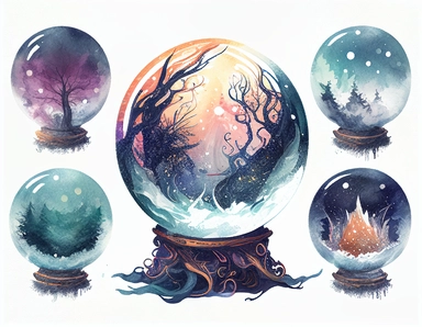 magical crystal ball, clipart, water color, deep colours, white background, border, watercolour illustration style, dreamy, 8k, intricate, illustration, detailed, png,