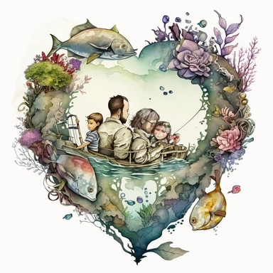 a cute close-up-shot of a loving fishing family with its own habitats (flowers and plants) made into a heart-shape vintage in watercolor style clipart, use darker tones, higher saturation colors, Banksy artstyle with minimal effects, super creative watercolor, white background