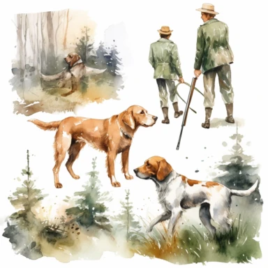 watercolor hunting scene in forest or fields on white background with setter and pointer dogs pointing , illustrations clipart set, simple, , cartoon elements ,different variants , natural elements, separate elements with a margin, ,4k, high resolution, , natural colors, green tones, earthy tones
