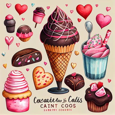 valentines day treats, cupcakes, chocolate candy, ice cream soda, cakes and cookies clipart set, hand-drawn,