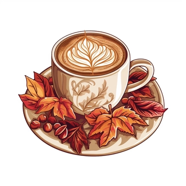 hand drawn png clip art color art of coffee with cream and fall leaves