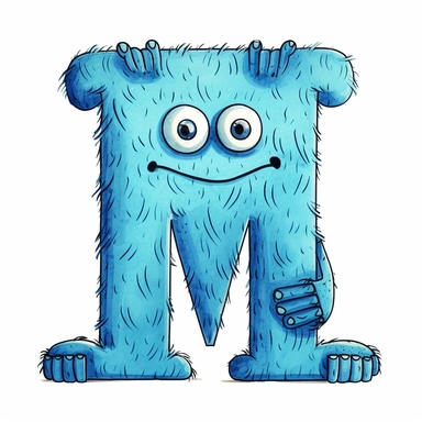 clipart style blue letter M with black line, with arms, legs and friendly cute face for children, isolated, white background,