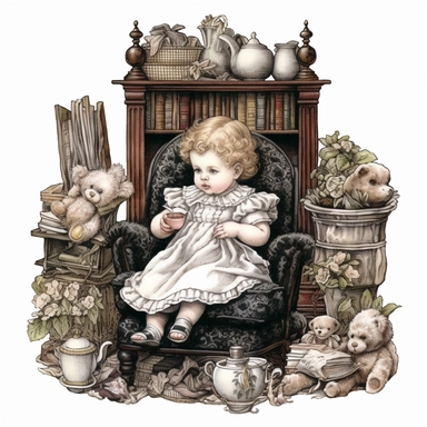 Victorian baby and nursery, Clipart, black outline, white background, colored pencil