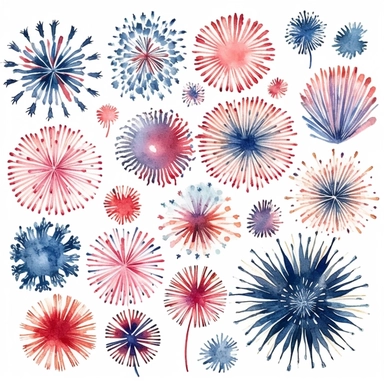 4th of July Fireworks watercolor clipart, white background