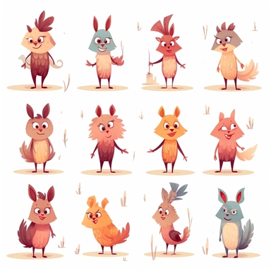 fred the baby llama, llama baby character, 12 poses and multiple expressions, pink fur, light brown skin, likes to chew grass, bipedal, children's book illustrative style clipart, flat colours, high resolution, consistent character, full colours,