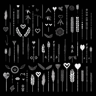 high resolution, solid black silhouettes, clip art, chalkboard drawing of arrows and hearts themed, 4k, white and black only