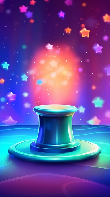 a cartoon illustration of a pedestal base with decorative trim on a colorful abstract sparkley stars background, spotlights pointing at it, clipart, rendering, bokeh rounded shapes