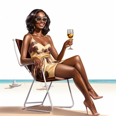 Clipart african American woman, brown skin, smiling, sitting on a chair looking at the ocean at a sunny beach in her bikini with a glass of wine in her hand, well rendered, hyper realistic, sunny beach, 4 K resolution