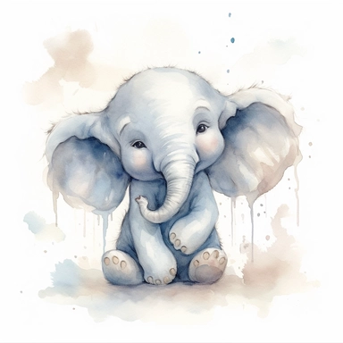 In this delightful watercolor painting, a scene of pure adorableness unfolds. At its center, a sweet baby elephant, rendered with delicate brushstrokes, captures hearts with its irresistible charm. With its tiny trunk held high in the air, it emanates a sense of innocent playfulness.The baby elephant's endearing features are emphasized by its oversized ears, lending a touch of whimsy to its already captivating presence. Rendered in soft hues, the watercolor brings forth the gentle and lovable na