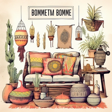 Bohemian Home Decor: Create clipart depicting bohemian-inspired home decor items like colorful rugs, throw pillows, tapestries, lanterns, succulent plants, and eclectic furniture pieces. These elements can be used to enhance interior design mockups or bohemian-themed projects with vibrant colors, organic shapes, and a sense of free-spiritedness to capture the essence of bohemian decoration.