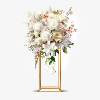 watercolour beautiful realistic white real floral wedding flower spray on gold rectangle tall frame stand realistic elegant wedding floral display stand with white glitter wedding flowers ,clip art graphics , PNG image,transparent background ,ultra highly detailed, 18k, sharp focus, bright photo with vibrant colours, digitally enhanced,photographic, enhanced graphics, png format, straight, sharp focus, bright lighting, intricate detailed png image ,high definition,300dpi,graphic clipart,computer