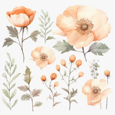 Watercolour clipart of a light peach color, burnet rose blossom theme, vintage effect, high quality, soft and muted colours, bright white background, 8k, f1