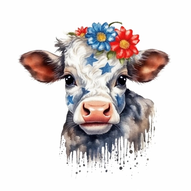 painterly cutie baby cow sublimation clipart, 4th of July theme, intricate detail, illustration style, 4k, high solution, on the white background