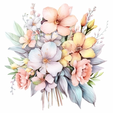 A charming clipart of a bouquet of fresh spring flowers on a white background, painted in delicate watercolors and pastel tones. The bouquet is filled with a variety of spring flowers such as tulips, daffodils, and cherry blossoms. Each flower is beautifully detailed, with soft color tones that blend harmoniously into the overall image. The pastel tones evoke a sense of freshness and rebirth associated with spring, making this image perfect for any design project that calls for a touch of nature