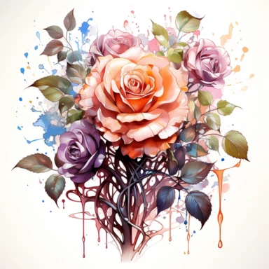 clipart,watercolor single rose in the center, music notes arround,simple,white background