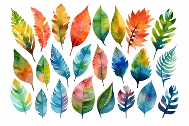 Watercolor, Generate a vibrant illustration showcasing leaves with different venation patterns, clipart, hd, on a white background, spaced out