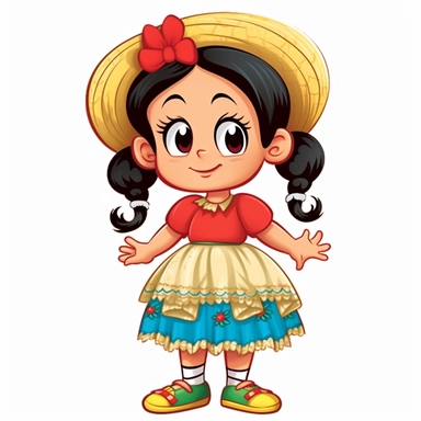 a cute blond little girl dressed for a brazilian junina party, with a blue and yellow flowing dress, braids in her hair, red shoes, happy, Monica's gang style, Graphics Maurício de Sousa, digital art, big eyes, cartoon, clipart , country girl from festa junina from brazil cute drawing white background